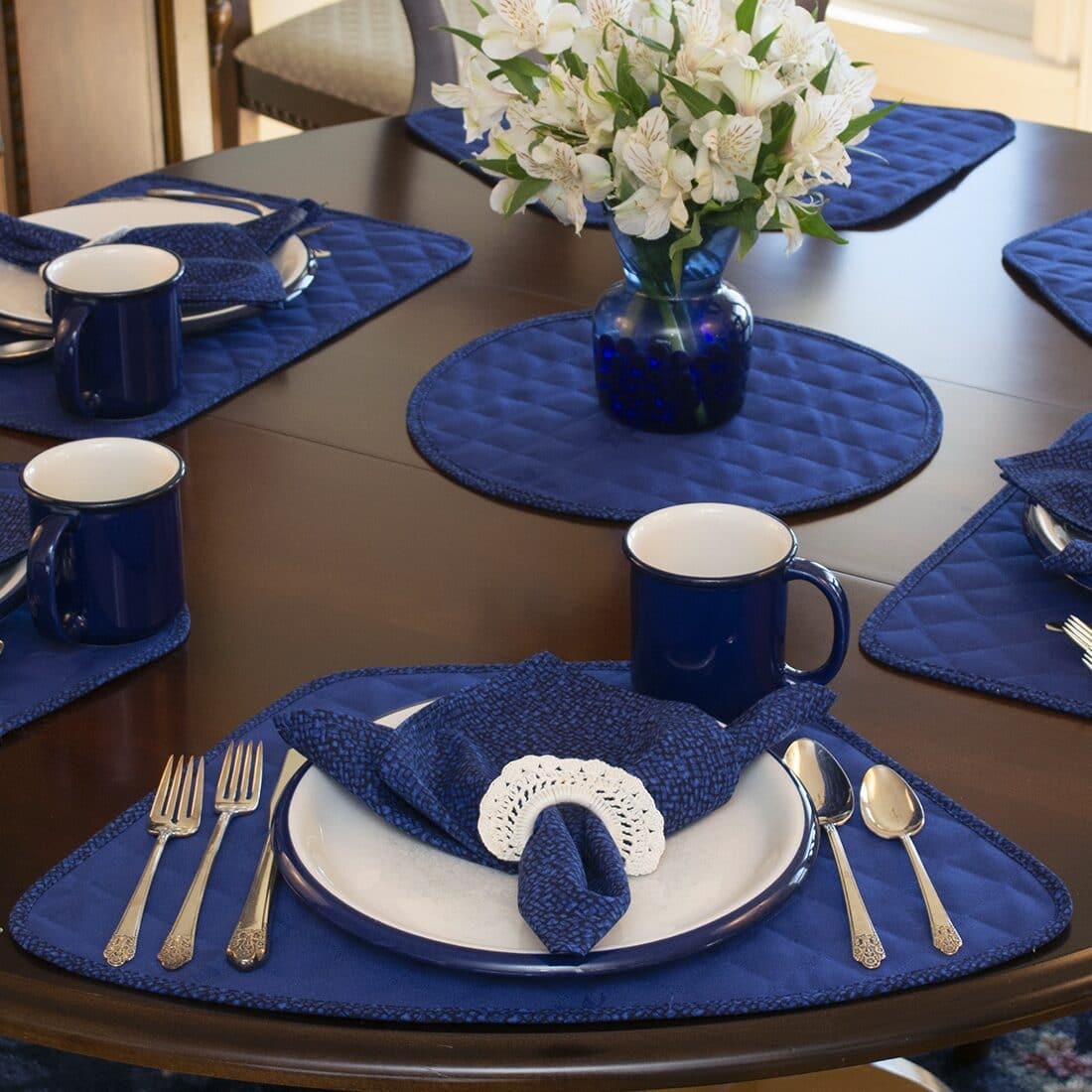 Sweet Pea Linens - Dark Royal Blue Cobblestone Quilted Jacquard Wedge-Shaped Placemats - Set of Four plus Center Round-Charger (SKU#: RS5-1006-Y30) - Alternate Table Setting