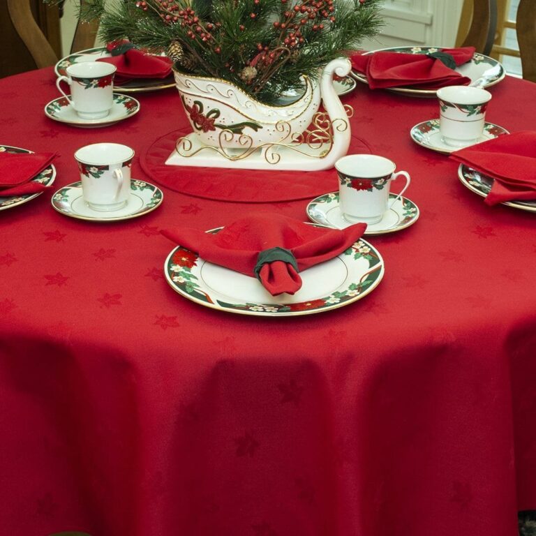 Sweet Pea Linens - Solid Red Jacquard 90 inch Round Table Cloth (SKU#: R-1065-Y4) - Table Setting