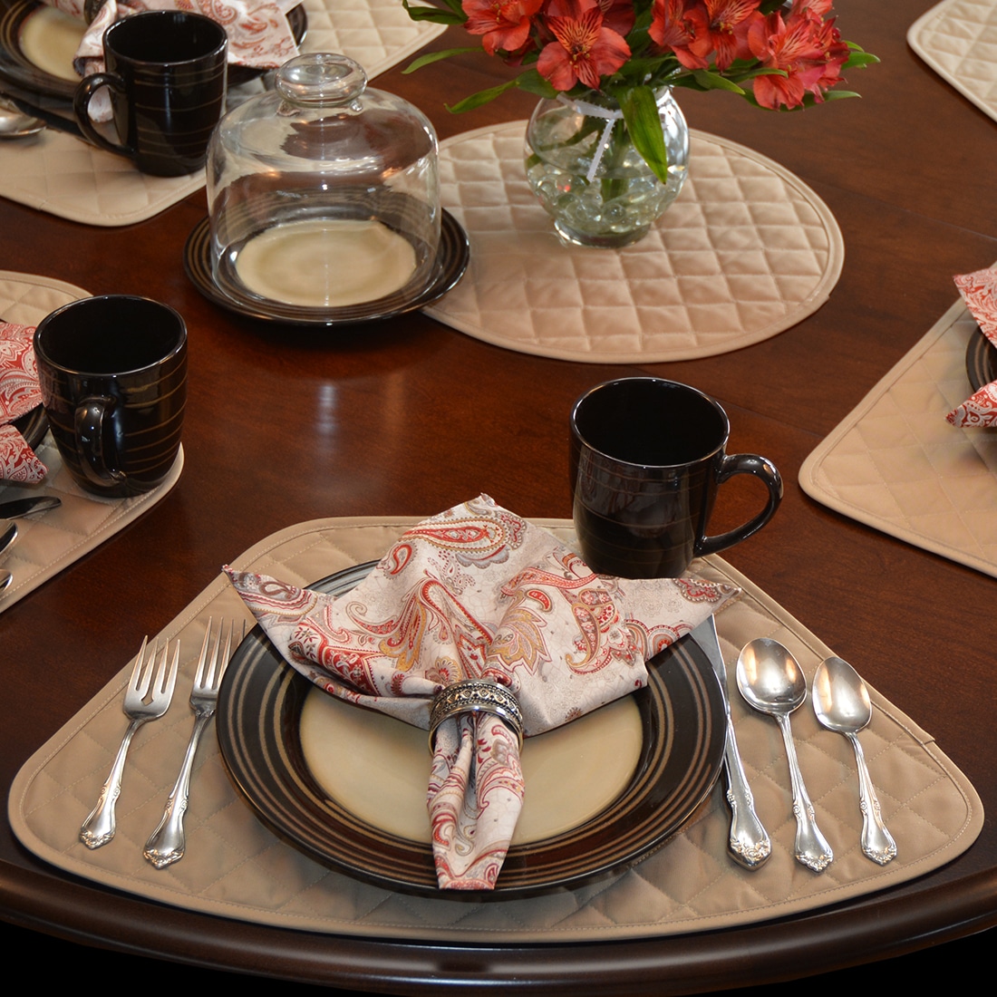 Sweet Pea Linens - Solid Khaki Tan Quilted Wedge-Shaped Placemats - Set of Two (SKU#: RS2-1006-Y7) - Table Setting