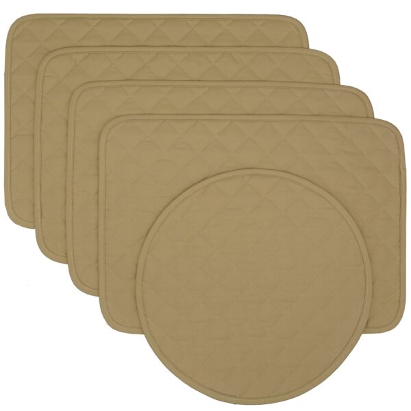 Sweet Pea Linens - Solid Khaki Tan Quilted Rectangle Placemats - Set of Four plus Center Round-Charger (SKU#: RS5-1001-Y7) - Main Product Image