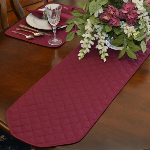 Sweet Pea Linens - Solid Berry Wine Quilted 60 inch Table Runner (SKU#: R-1021-Y9) - Table Setting