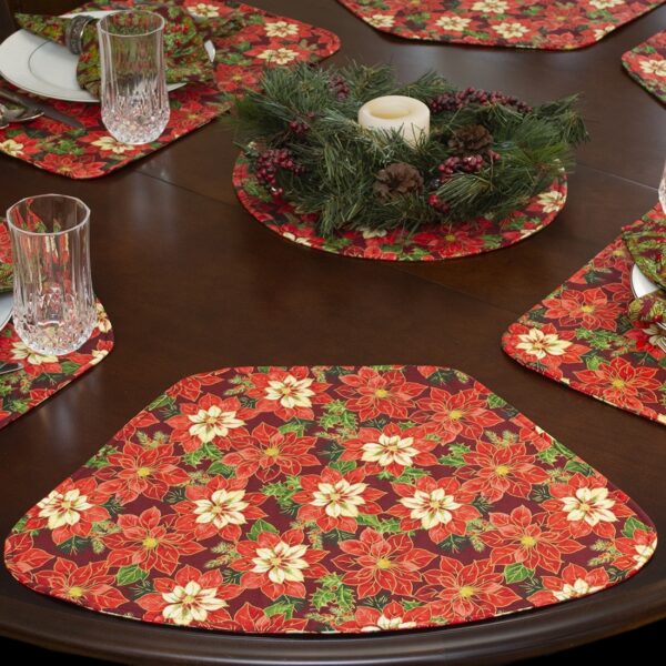 Sweet Pea Linens - Pink & Burgundy Poinsettia Holiday Print Wedge-Shaped Placemats - Set of Two (SKU#: RS2-1006-Z1) - Table Setting