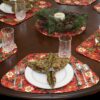 Sweet Pea Linens - Pink & Burgundy Poinsettia Holiday Print Wedge-Shaped Placemats - Set of Two (SKU#: RS2-1006-Z1) - Alternate Table Setting