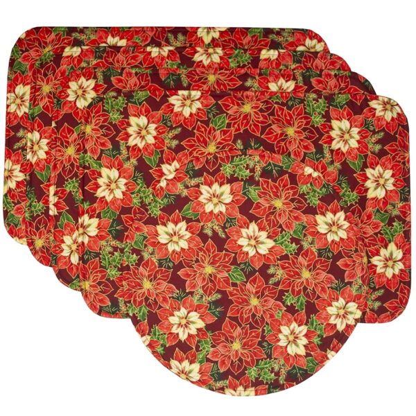 Sweet Pea Linens - Pink & Burgundy Poinsettia Holiday Print Rectangle Placemats - Set of Four plus Center Round-Charger (SKU#: RS5-1002-Z1) - Main Product Image