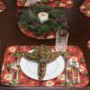 Sweet Pea Linens - Pink & Burgundy Poinsettia Holiday Print Rectangle Placemats - Set of Four plus Center Round-Charger (SKU#: RS5-1002-Z1) - Alternate Table Setting