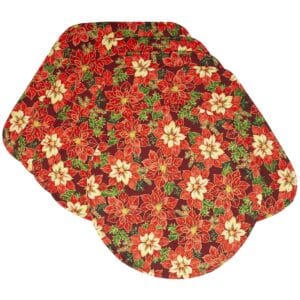 Sweet Pea Linens - Pink & Burgundy Poinsettia Holiday Print Wedge-Shaped Placemats - Set of Four plus Center Round-Charger (SKU#: RS5-1006-Z1) - Main Product Image