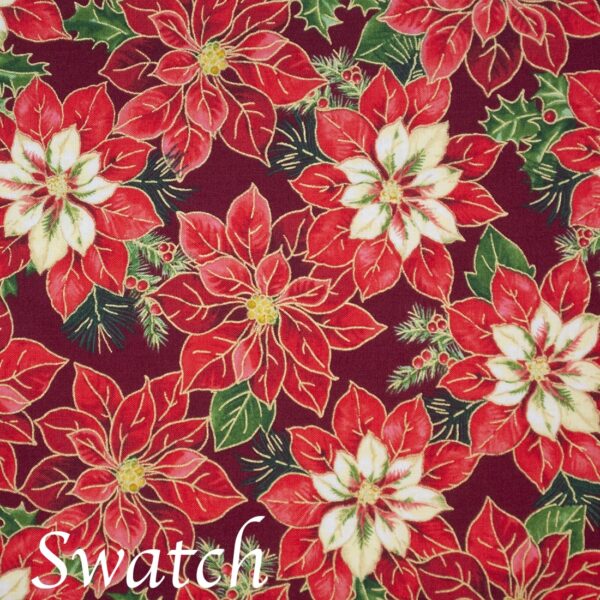 Sweet Pea Linens - Pink & Burgundy Poinsettia Holiday Print Wedge-Shaped Placemats - Set of Four plus Center Round-Charger (SKU#: RS5-1006-Z1) - Swatch