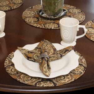Sweet Pea Linens - Brown & Black Filigree Print Rolled Hem Cloth Napkin (SKU#: R-1010-Z2) - Table Setting