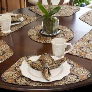 Sweet Pea Linens - Brown & Black Filigree Print Wedge-Shaped Placemats - Set of Two (SKU#: RS2-1006-Z2) - Table Setting